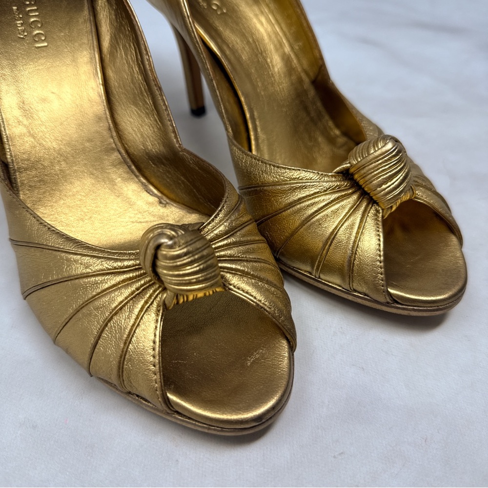GUCCI Vintage Y2K Metallic Leather Knot Peep Toe Mid Height Pump Heels Gold 37.5 - Picture 4 of 16